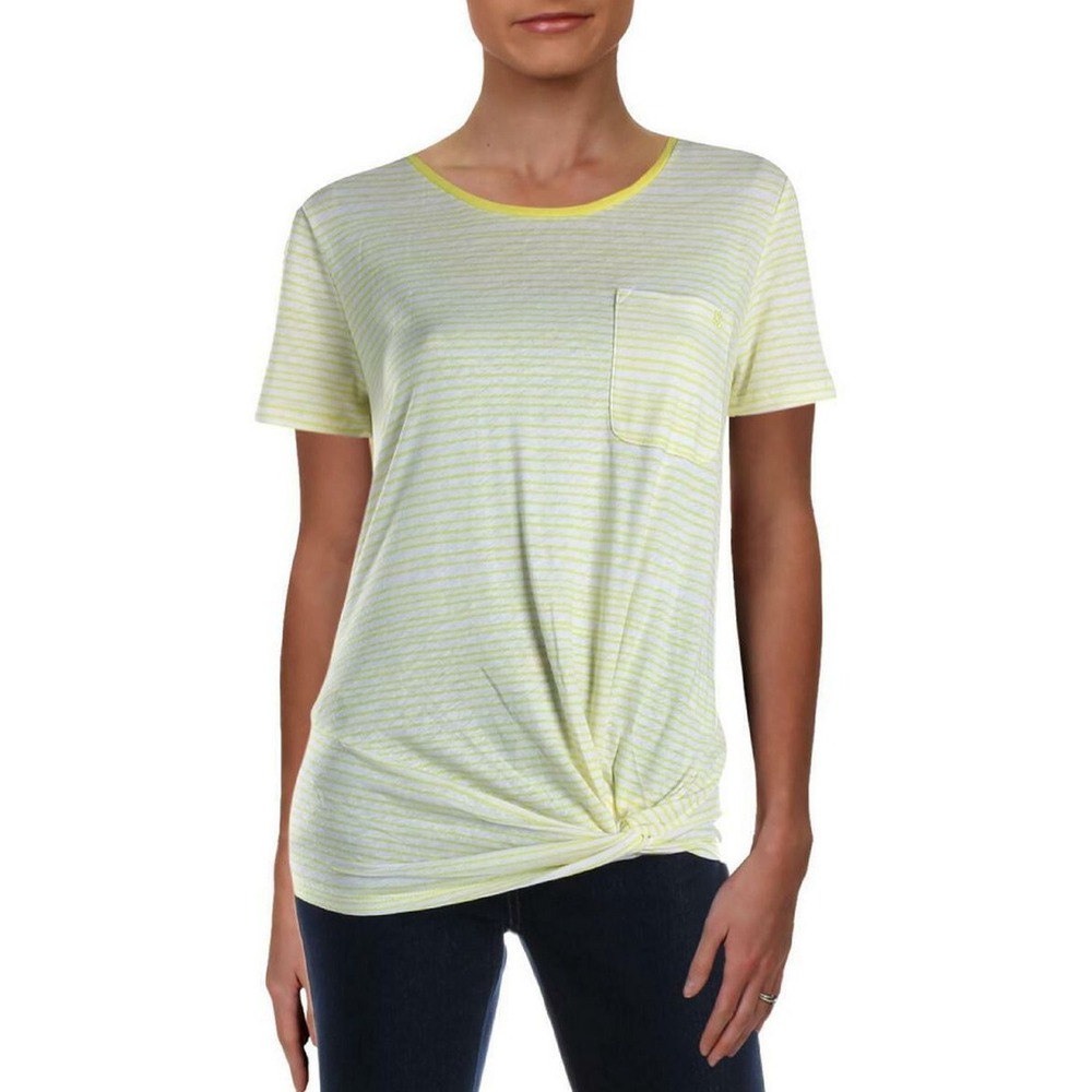 Lauren Ralph Lauren Striped Twist Front T-Shirt Yellow White XXS 200748354003